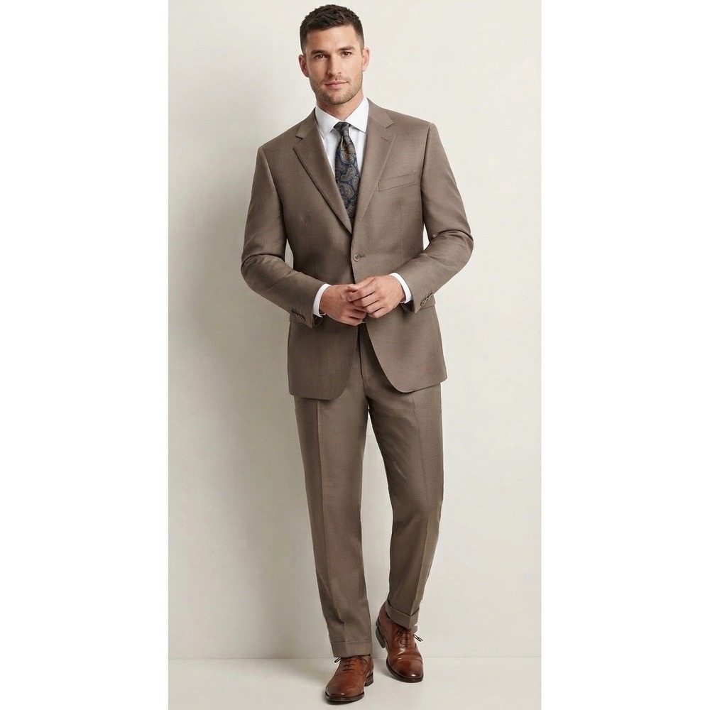 Mantoni Suit Mens 46L Tan Super 140s Virgin Wool 3 Button Pleated Pants 46x32